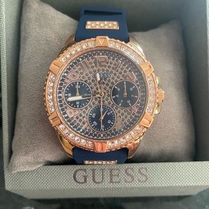 NEW Guess Women's Rose Gold Tone Case Blue Silicone Watch